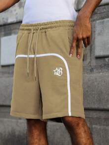 PAVTROS Men's Contrast Trim Drawstring Waist Shorts, Striped Webbing Design - Khaki - View 5