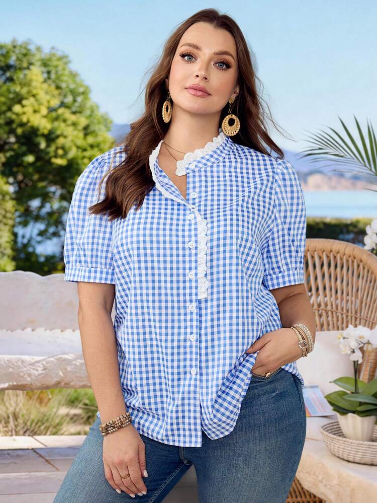 Plus Size Women's Summer Casual Vacation Country Embroidered Floral Lace Patchwork Blue Plaid Blouse Top Shirt,Suitable For Summer Vacation,Casual Holiday Style,Summer Outfits For Women ,Vacation Outfits Women ,Holiday Outfits For Women,Going Out Outfits, New Clothes,Simple And Fashionable For Everyday Wear,Suitable For Summer, Vacation, Daily Wear, Festival Outfits For Women,Country Concert Outfit,Beach Outfits For Women,Western Style,Gifts For Mother,Boho Top