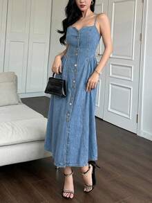 DAZY Women's A-Line Denim Dress With Spaghetti Strap, Flared Skirt, Spring/Summer Sun Dresses For Women - Blue - View 3