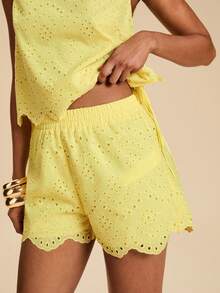 Travachic Women's Hollow Embroidery Tank Top And Shorts Casual Set For Vacation - Yellow - View 4