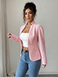SHEIN Elenzya Áo blazer nữ thanh lịch, màu trơn, tay phồng, thích hợp cho công sở, đi làm, mùa xuân/thu. - Hồng - Xem 3