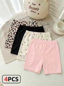 4pcs Girls Shorts,Summer Lightweight Children Casual Pants,Versatile ,Heart & Leopard Print Pattern,Sweet & Cute Knitted Elastic Soft Leggings - Multicolor - View 4