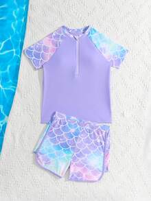 SHEIN GraphicGems Conjunto de traje de baño con estampado de escamas de pez para niña preadolescente - Morado - Ver 4