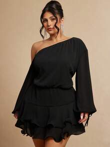 SHEIN BAE Combinaison femme grande taille noire à épaules asymétriques et volants asymétriques - Noir - Voir 6