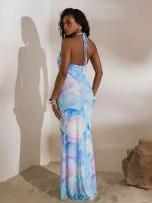 Opulessa Spring & Summer Vacation Knitted Mesh Printed Halter Backless Mermaid Dress For Women - Baby Blue - View 2