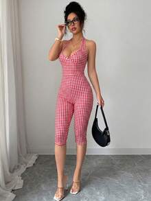 Selianne Bộ jumpsuit nữ chấm bi cổ yếm, dáng ôm tôn dáng, thoải mái, gợi cảm, thích hợp cho hoạt động ngoài trời và đi làm, phù hợp cho mọi mùa, phiên bản mùa hè chấm bi trắng. - Đỏ và trắng - Xem 3