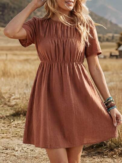 Wildy Vestido de muñeca de unicolor estilo BOHO, casual, country, para festival de música, vestido básico de verano para uso diario, vestido mini de manga corta para ir al trabajo