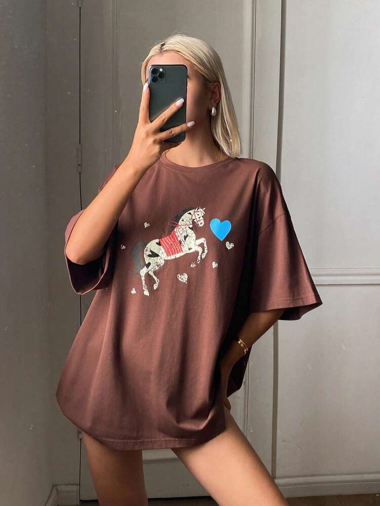 Women's Round Neck Short Sleeve Printed Loose Casual T-Shirt, Summer