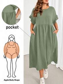 Shapeblank Plus-Size Women's Sage Green Summer Smart Casual Holiday Midi Dress,Ruffled Sleeves Pocket Loose Comfortable Everyday Basic Versatile Style - Mint Green - View 1