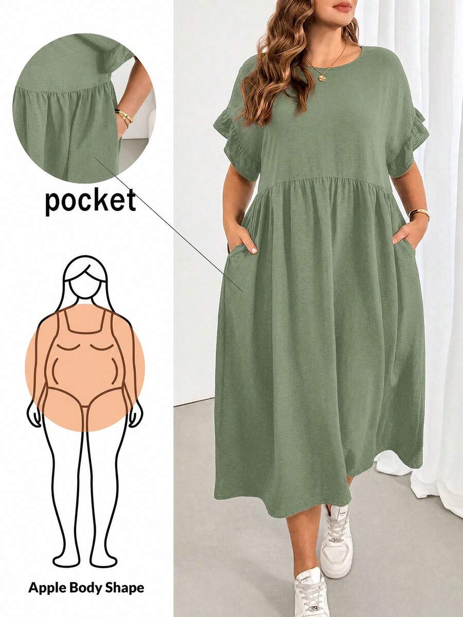 Shapeblank Plus-Size Women's Sage Green Summer Smart Casual Holiday Midi Dress,Ruffled Sleeves Pocket Loose Comfortable Everyday Basic Versatile Style - Mint Green - View 1