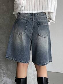 Dazy Tall Shorts vaqueros casuales de estilo callejero holgados para mujer - Azul lavado medio - Ver 4