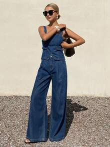 DAZY Conjunto de top con peto de mezclilla y pantalones anchos y sueltos de mezclilla casual para mujer - Azul lavado oscuro - Ver 5