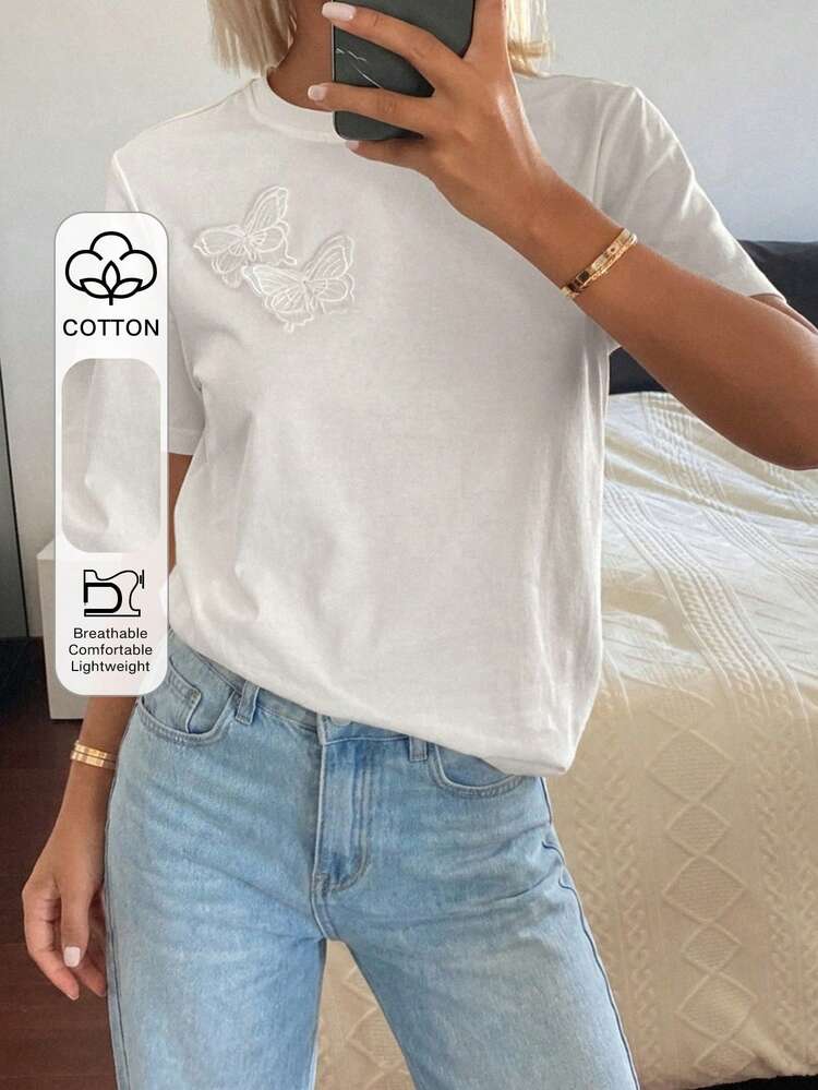 Women's Summer Round Neck Short Sleeve Bow Decor Vacation Chic Casual Elegant T-Shirt