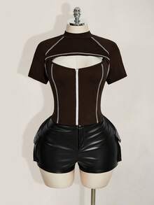 SHEIN ICON 大码女式条纹撞色镂空拉链短袖T恤 - 棕色 - 查看 4