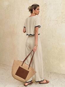 SHEIN Frenchy Women's Vacation Casual Contrast Trim Top And Pants 2 Pieces Set - Apricot - View 3