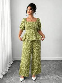 Elenzga Conjunto informal de mujer talla grande con blusa de cuello plisado con estampado floral y pantalones de pierna ancha - Verde militar - Ver 5