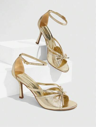 CUCCOO SZL Women Shoes Gold Plaid Fashion Temperament Bow Decoration Round Head High Heel Sandals