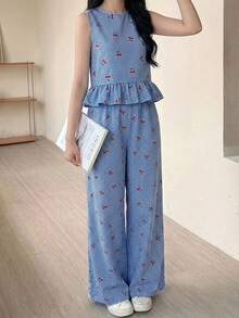 SHEIN Bộ đồ nữ tuổi teen gồm áo không tay kẻ sọc xanh trắng có cúc gỗ và quần ống đứng, thích hợp cho kỳ nghỉ xuân/hè, tiệc tùng, đi học, dã ngoại gia đình hoặc mặc hàng ngày. - Xanh và trắng - Xem 2
