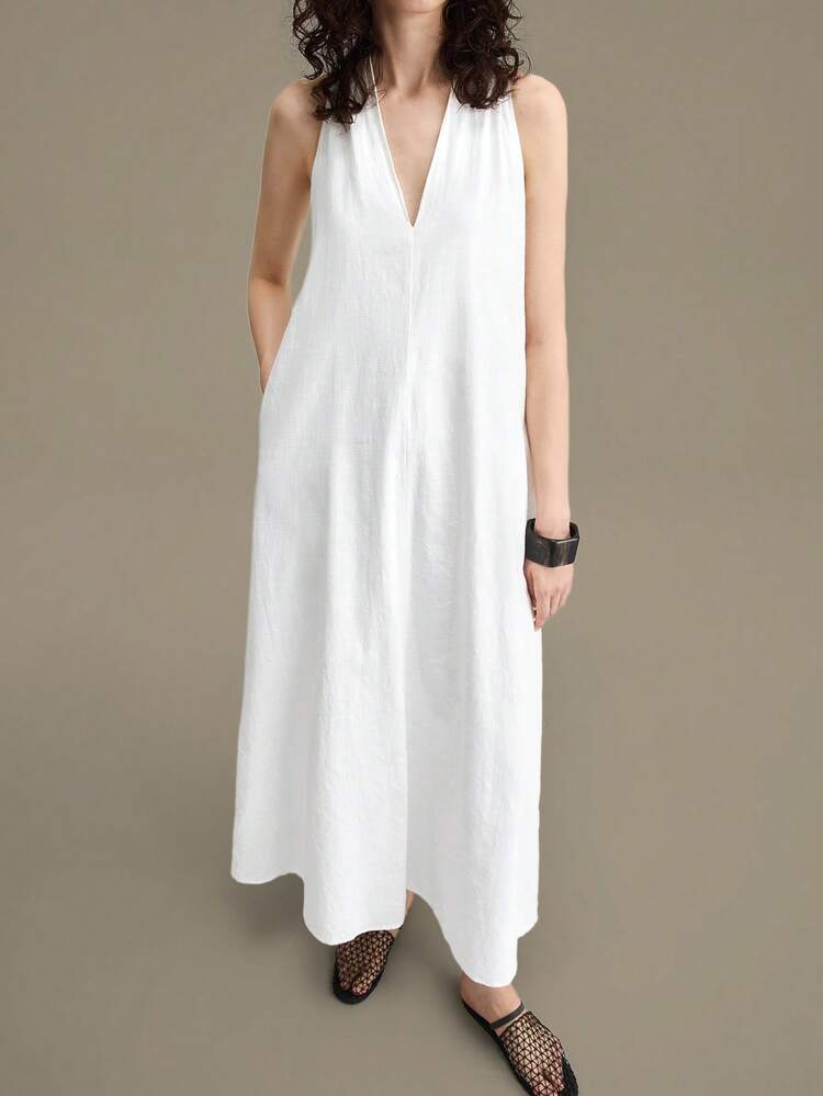 Elegant Casual Minimalist V-Neck White Midi Dress, Chic And French Style, Luxury Fabric, Versatile For Business, Casual, Office Vacation, Wedding Guest, Summmer, Holiday, Commute, Dresses For Women Dress For Women Casual