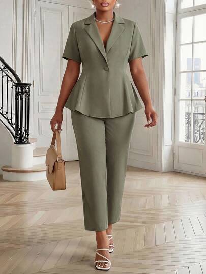 Fleurora Conjunto elegante de calça e blusa de manga curta com gola mesclada, tamanho plus size, em cor sólida. Ideal para o verão. Perfeito para o trabalho. Ideal para o verão. Conjunto verde formal para a primavera.