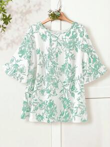 EMERY ROSE 大尺碼女款全滿花卉印花喇叭袖夏季優雅飄逸茶會簡約時尚休閒度假西式沙灘襯衫 - 綠色 - 查看 7