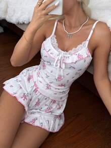 CottageSlumber Romantic & Comfortable Floral Lace Patchwork Camisole & Shorts Pajama Set, Soft Fabric For Summer - Baby Pink - View 6