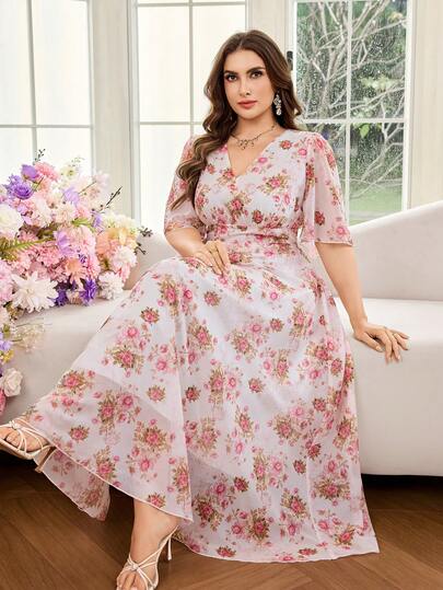 Modelyn Đầm nữ cỡ lớn cổ chữ V tay ngắn xếp nếp, thắt eo, kiểu dáng lãng mạn, thanh lịch, thích hợp cho kỳ nghỉ hè.