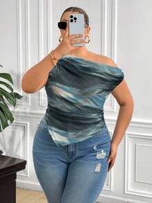Truni Blusa romántica de corte slim con tie-dye, sin mangas y bajo asimétrico para mujer talla grande - Multicolor - Ver 4