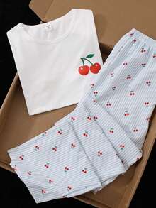 Girls'White Round Neck Loose Top With Cherry Print,Paired With Blue And White Striped Cherry Pattern Soft Fabric Shorts,Cute Summer Home Wear Sleep - White - View 1