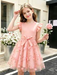Mädchen elegantes vielseitiges rosa Kurzarmkleid, mit Rüschenärmeln, Polka Dot Applikation Tüllrock für zusätzliche Süße und Niedlichkeit, taillenbetonter Gürtel für Taillierung, geeignet für Aufführungen, Partys, Unterhaltung und andere Anlässe - Pink - Übersicht 1