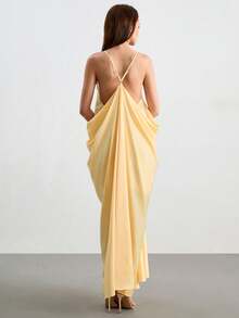 CielaLinda Women's Pale Yellow Summer Seductive Vacation Dress,Satin Spaghetti Strap Ruched Draped Cowl Neck Elegant Flowy Midi Chic Minimalist Wedding Guest - Light Yellow - View 2