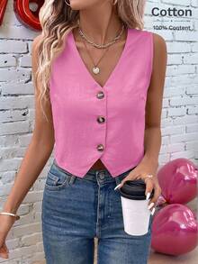 Easowa New Year Eve Office Lady Simple Solid Front Button Vest Shirt - Pink - View 7