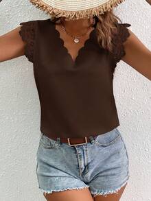 SHEIN VCAY Women's Solid V-Neck Casual Versatile Daily Wear Shirt,Summer Top - Brown - View 4