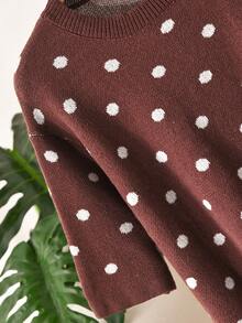 CosyJoli Plus Size Elegant French Polka Dot Minimalist Casual Pullover Top, Suitable For Commuting Fall/Winter - Brown - View 3