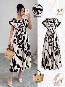 Elenzga Vestido elegante de mujer con estampado de hojas en blanco y negro, de doble capa con mangas de volantes y cinturón en la cintura, para primavera/verano - Multicolor - Ver 1