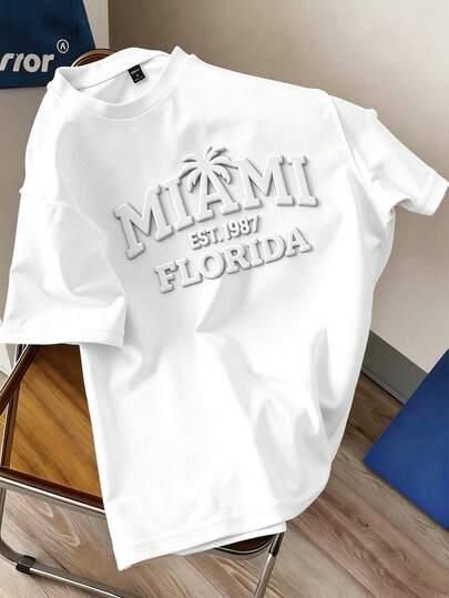 Manfinity Joysei Camiseta de manga corta de unicolor casual para hombres con estampado en relieve de letras, para verano