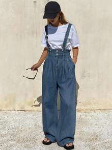 DAZY Quần yếm denim nữ cổ cao dáng rộng, có thể điều chỉnh kích cỡ. - Rửa trung bình - Xem 3