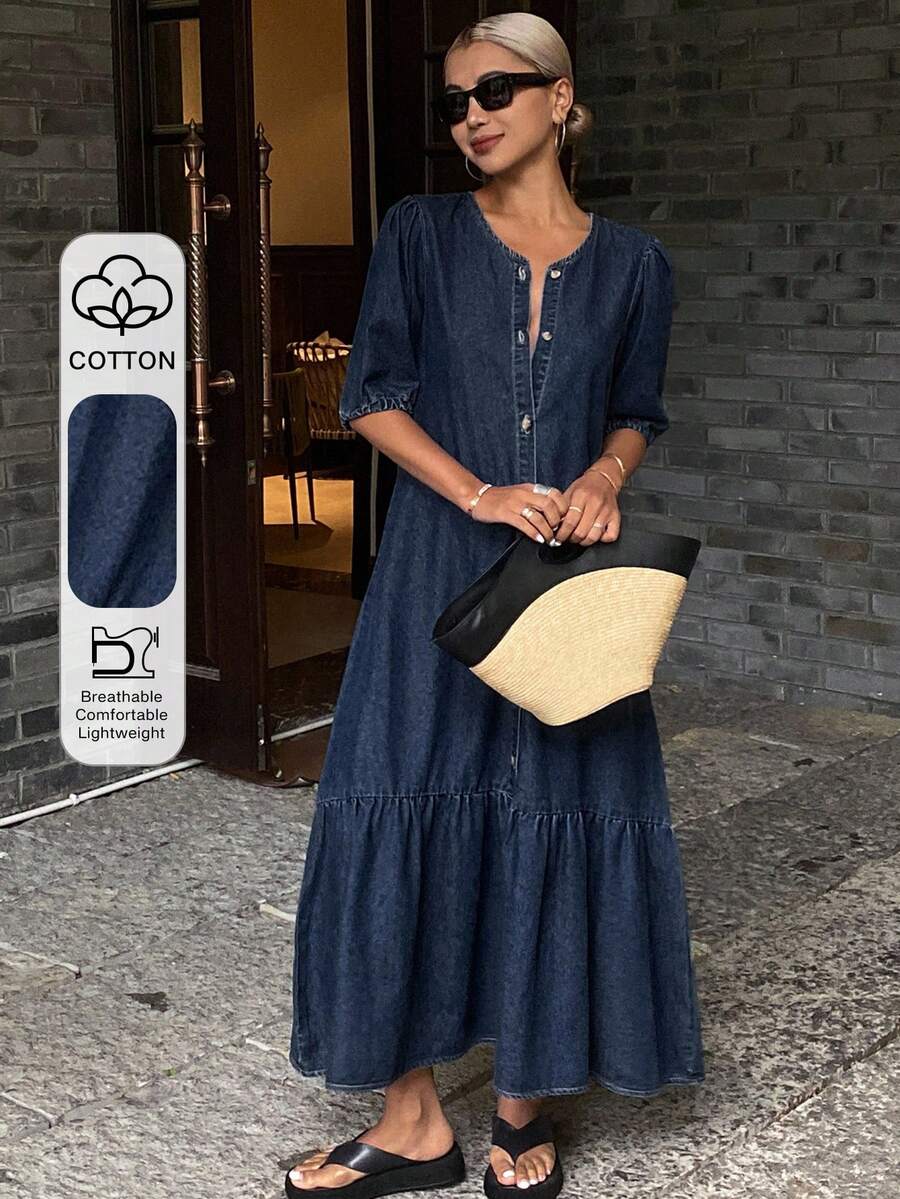 Dazy Tall Vestido vaquero de manga corta y cuello redondo para vacaciones, vestido de sol para mujeres - Azul lavado oscuro - Ver 1