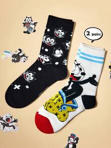 SHEIN Felix The Cat 2 Pairs Soft & Breathable Moisture-Wicking Casual Mid-Calf Socks With Cat Pattern Fashionable Cute Cartoon Cat Black & White Crew Socks Reinforced Toe & Heel For Durability Unisex For Men & Women All Season All-Match Summer Winter,Graphics Socks - 彩色 - 查看 4