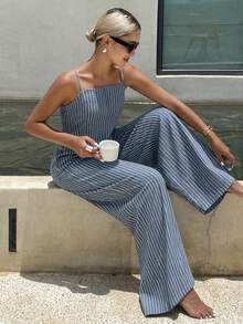 DAZY Women's Striped Print Casual Sleeveless Denim Jumpsuit, Summer - Blue - View 5