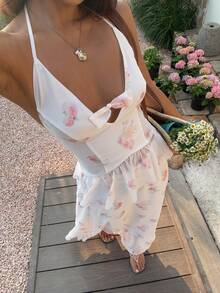 Livesso Conjunto de 2 piezas de top de cuello halter y falda con estampado floral elegante para mujer, verano - Blanco - Ver 4