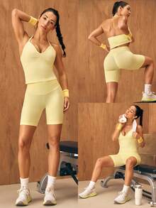 GLOWMODE 5" Ultrafine Soft Seamless Summer Sculpt High Waist Double Layer Coverage Sculpting Fit Mid-Thigh Biker Shorts With Butt Lift Compression Gym - French Vanilla - View 11