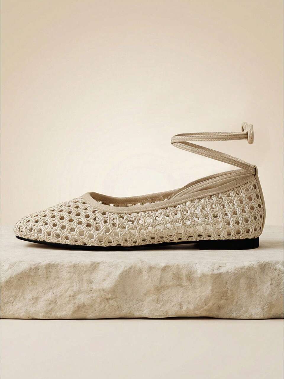 Beige Hollow Out Square Toe Flat Shoes With Wrap Around Ankle Tie Ribbons