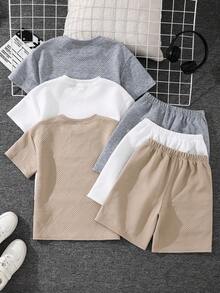 SHEIN 3套买二送一 儿童/青少年男童休闲柔软提花面料圆领宽松短袖T恤短裤套装，卡其色T恤套装，白色T恤套装，灰色碎花T恤套装，SS26，夏季上衣，夏季短裤，夏季服装，男童套装，适合春夏、郊游、情人节、约会、旅行、度假、家庭聚会、返校、婚礼、晚宴、运动、生日派对等场合 - 彩色 - 查看 4