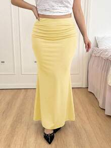 SHEIN EZwear Plus Size Women Elegant Solid Color Mermaid Maxi Skirt - Pale Yellow - View 8
