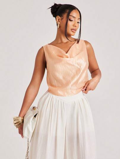 NYA SZN Top Cropped Short Sleeve Sleevelss Tank Top Cowl Neckline Draped Satin Brunch Casual Everyday Going Out Party Special Occasion Travel Vacation Office Siren Western Country Date Night Elegant Luxury Business Casual Event Everyday Office Gyaru Street Style Spring Summer Statement Unique Bridal Shower Outfits For Women