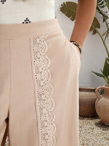 EMERY ROSE Women's Plus Size Summer Boho Vacation Holiday Beige Lace Patchwork Wide Leg Pants With Pockets, Casual Country Concert Beach Outfits - Khaki - View 6