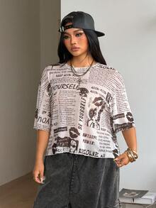 Coolane 女士加大码夏季音乐节派对外出复古Y2K透气网眼印花报纸图案弹力舒适粉色圆领短袖短T恤 - 粉色 - 查看 6