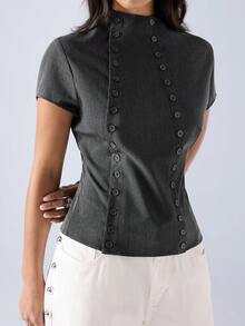 LYSMO 2026 New Minimalist Spring/Summer Women's Fashion Button-Up Turtleneck Blouse, Versatile For Daily Wear And Outings - Dark Grey - View 3