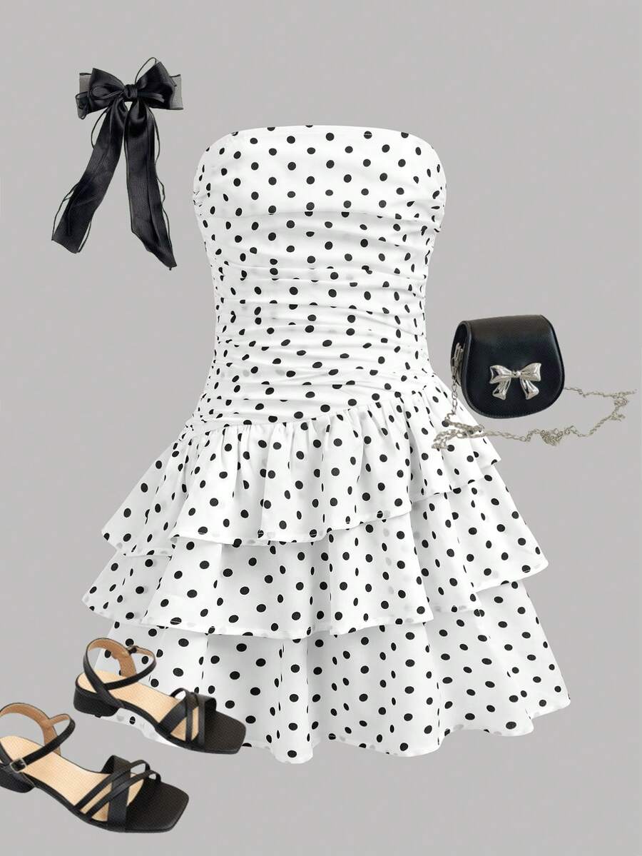 Girlism Vestido casual de vacaciones con estampado de lunares para niñas preadolescentes, diseño con volantes en el bajo y sin tirantes, adecuado para uso diario, elegante, fiesta, cita, reunión familiar, graduación, vacaciones - Blanco - Ver 1